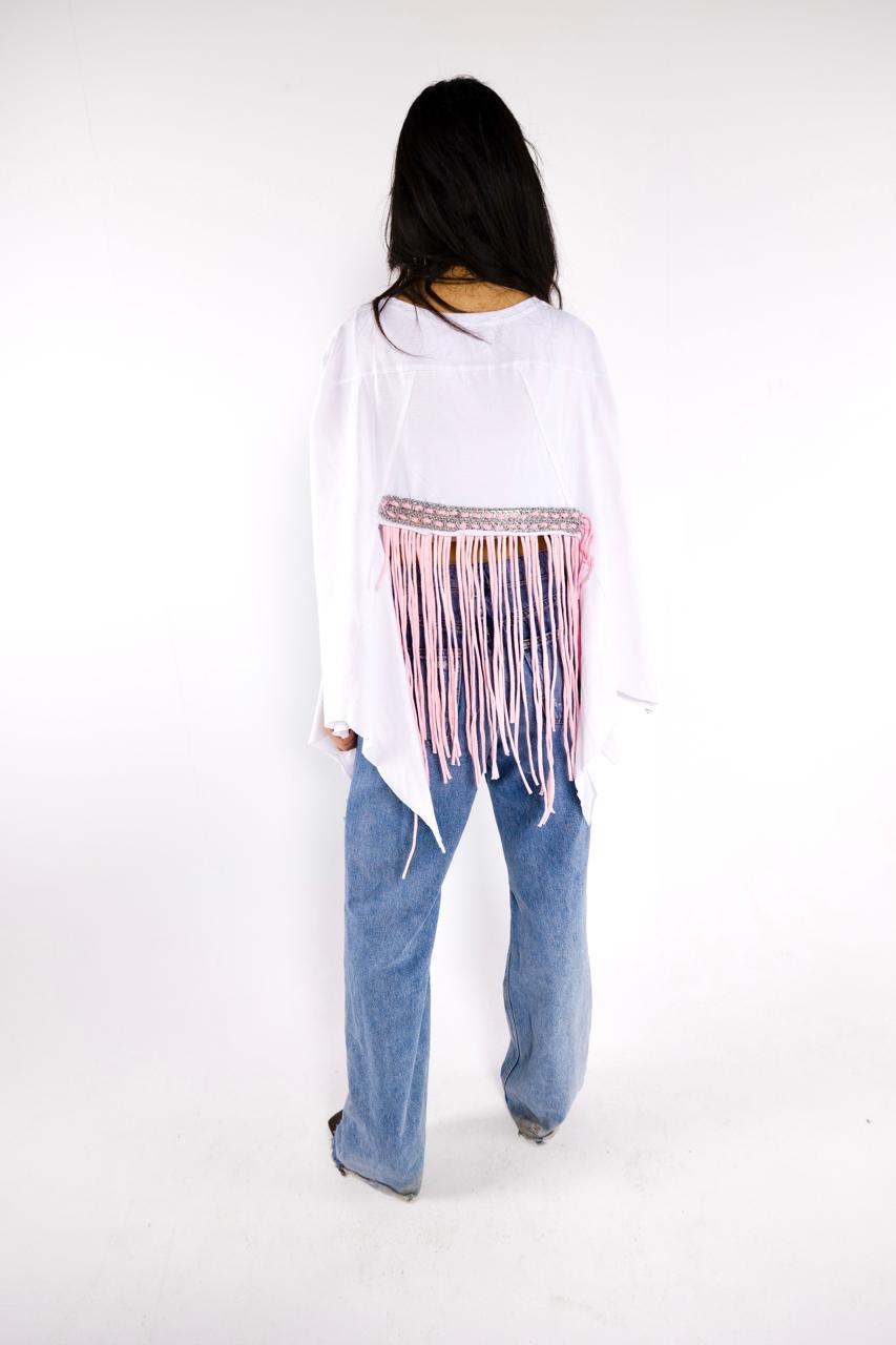 White oversized T-shirt with fringes