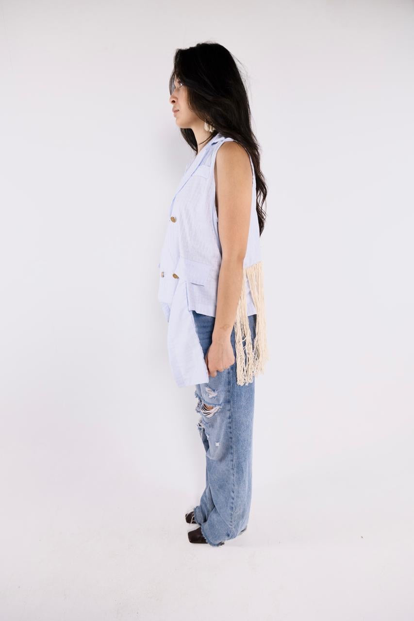 Light blue poplin asymmetric blazer
