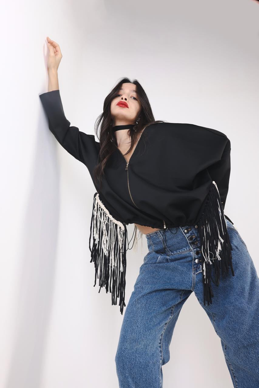 Black scuba jacket with fringes