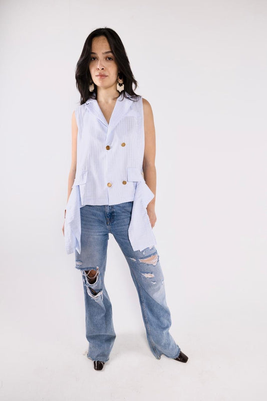 Light blue poplin asymmetric blazer