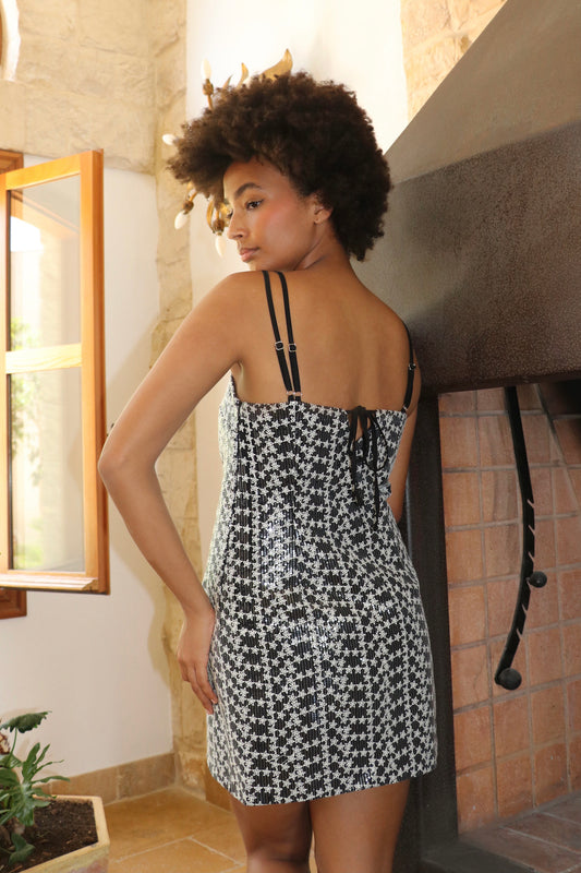 Black denim dress UK with star embroidery and V-back, casual statement dress