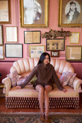 The Cocoa Top for women, brown long sleeve top with light blue embroidery and V-neck