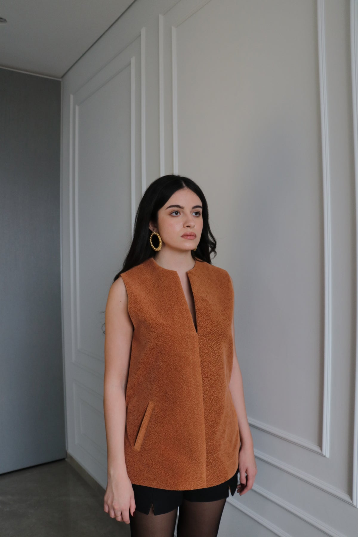 Ember Vest for women with V-neck, side cut-outs and textured chenille fabric