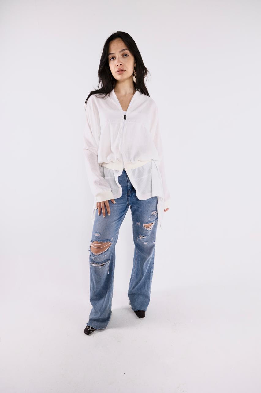 WHITE LINEN JACKET WITH PINK COTTON CHAINS
