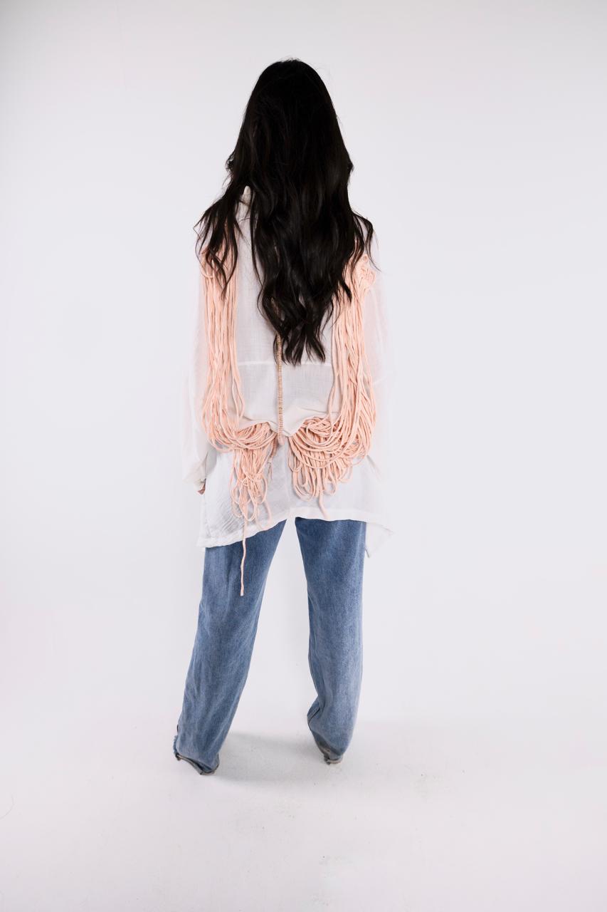 WHITE LINEN JACKET WITH PINK COTTON CHAINS