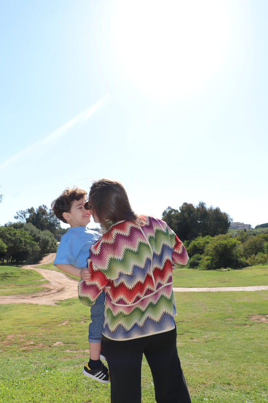 Sunburst oversized women’s jacket UK, statement cotton blend jacket with bold print