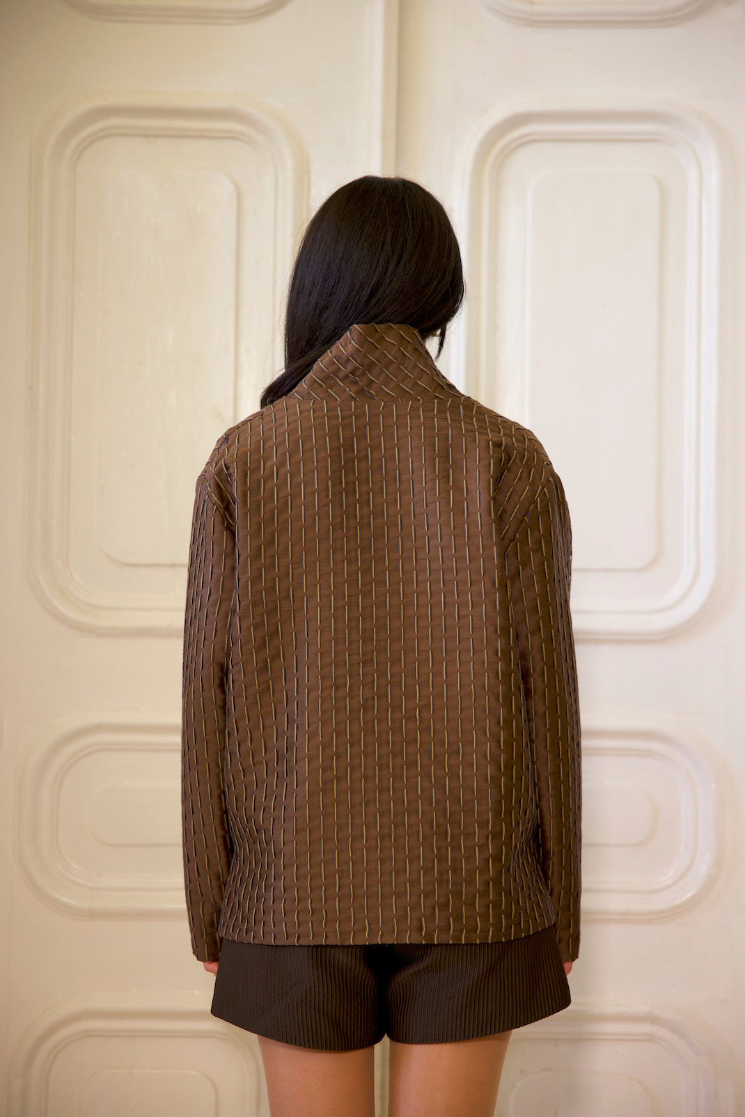 The Cocoa Top for women, brown embroidered long sleeve top with V-neck and modern cut-out detail
