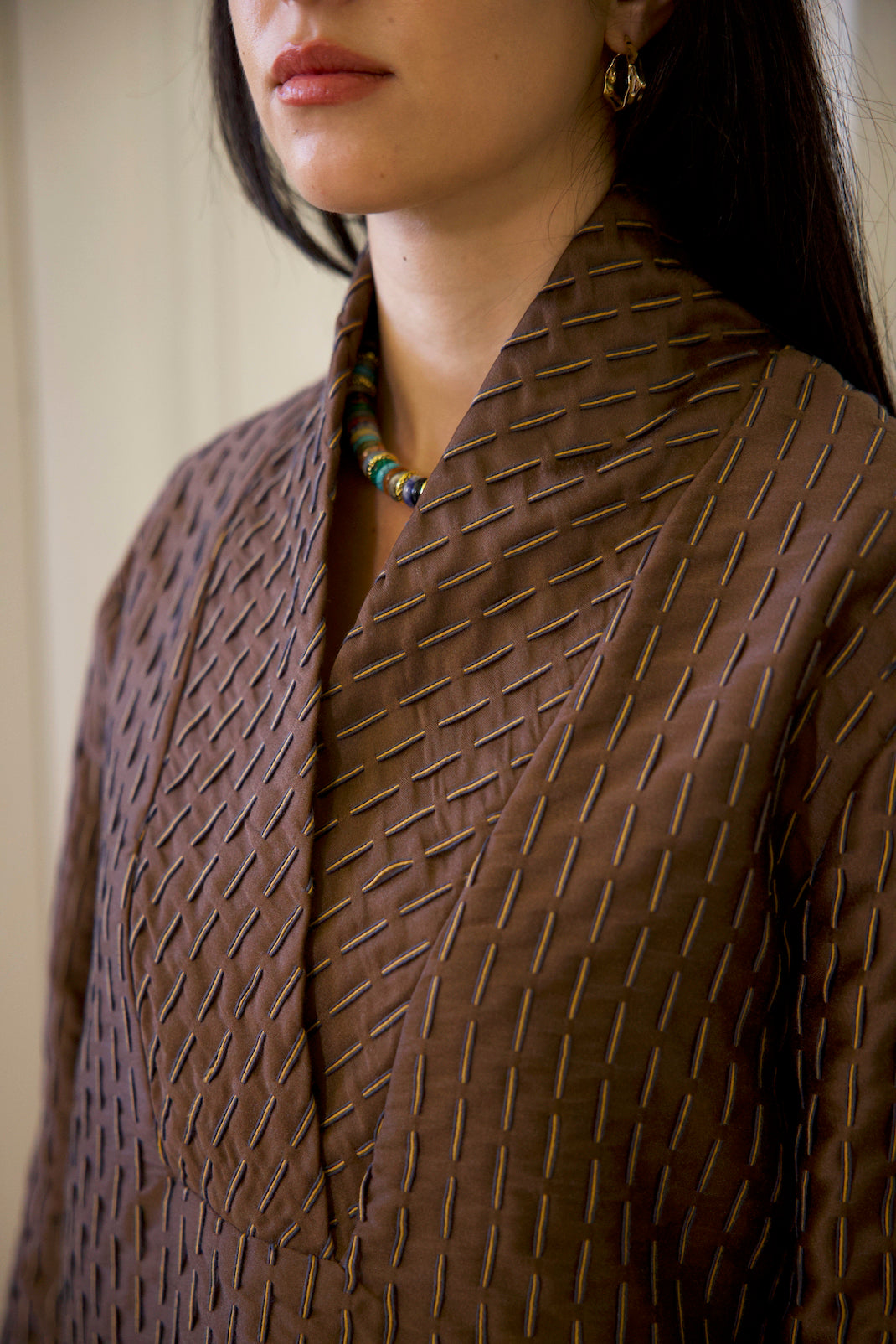 Brown embroidered top for women UK with long sleeves and V-neck design
