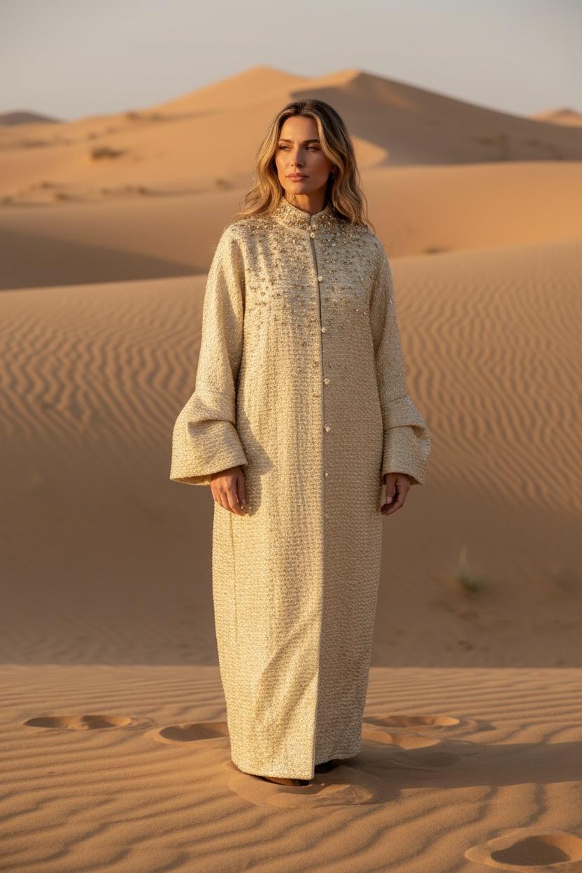 Woman in a long, light-colored coat standing in a desert landscape with sand dunes.