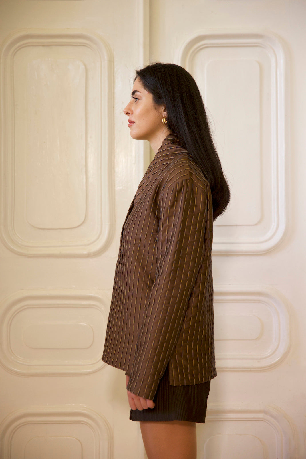The Cocoa Top with light blue embroidery, long sleeves and side cut-out detail
