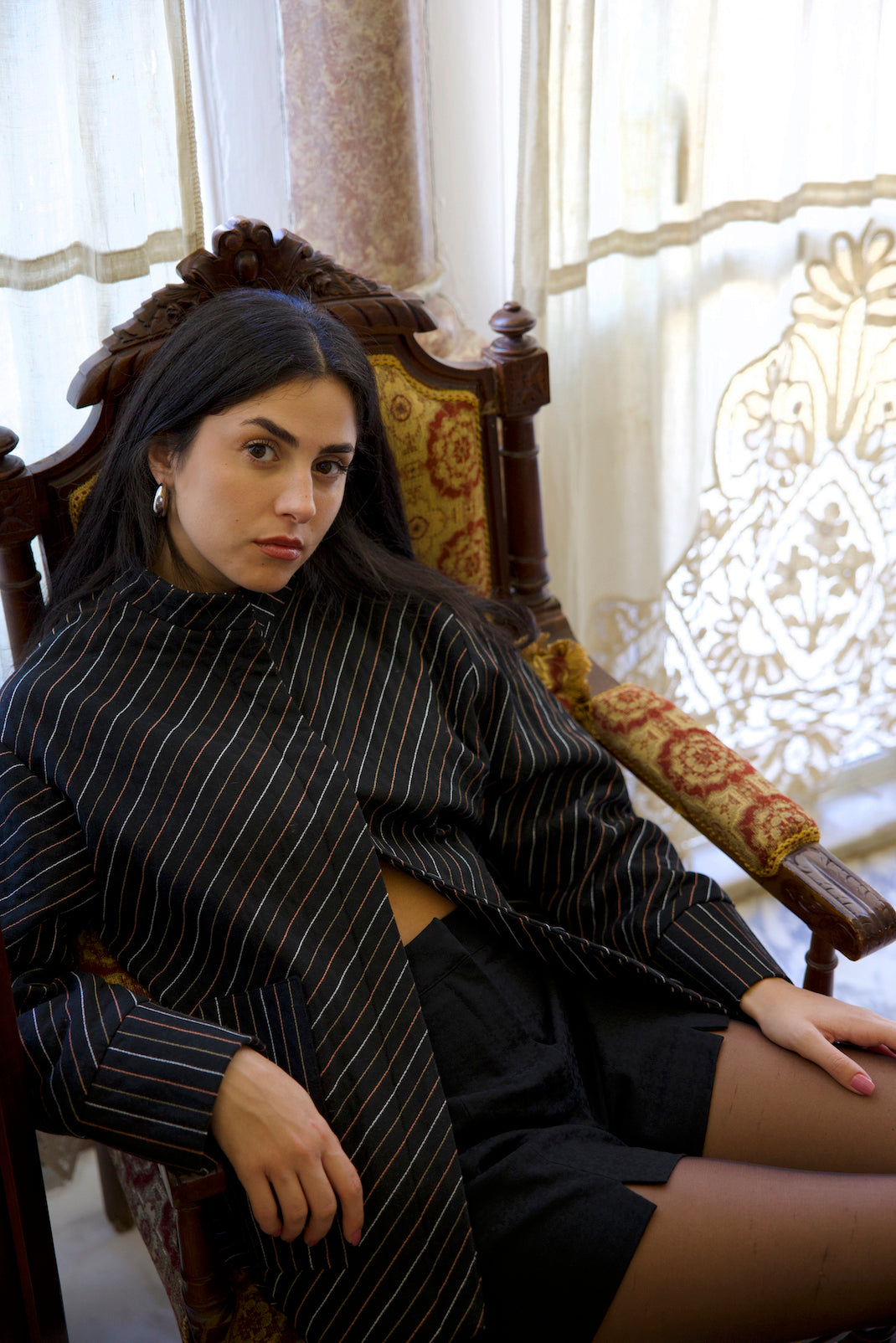 Women’s striped jacket UK with embroidered detail, relaxed fit and cotton fabric